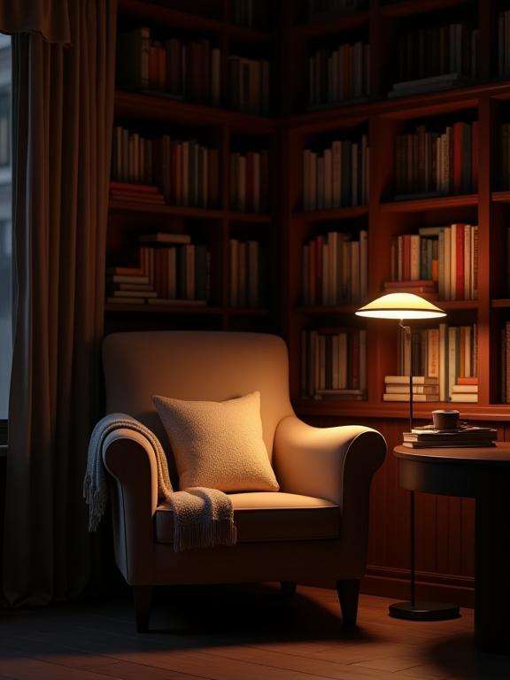 Un coin lecture intimiste et cosy à l'intérieur du café, avec un fauteuil moelleux, une lampe de lecture chaude et une étagère remplie de livres.
